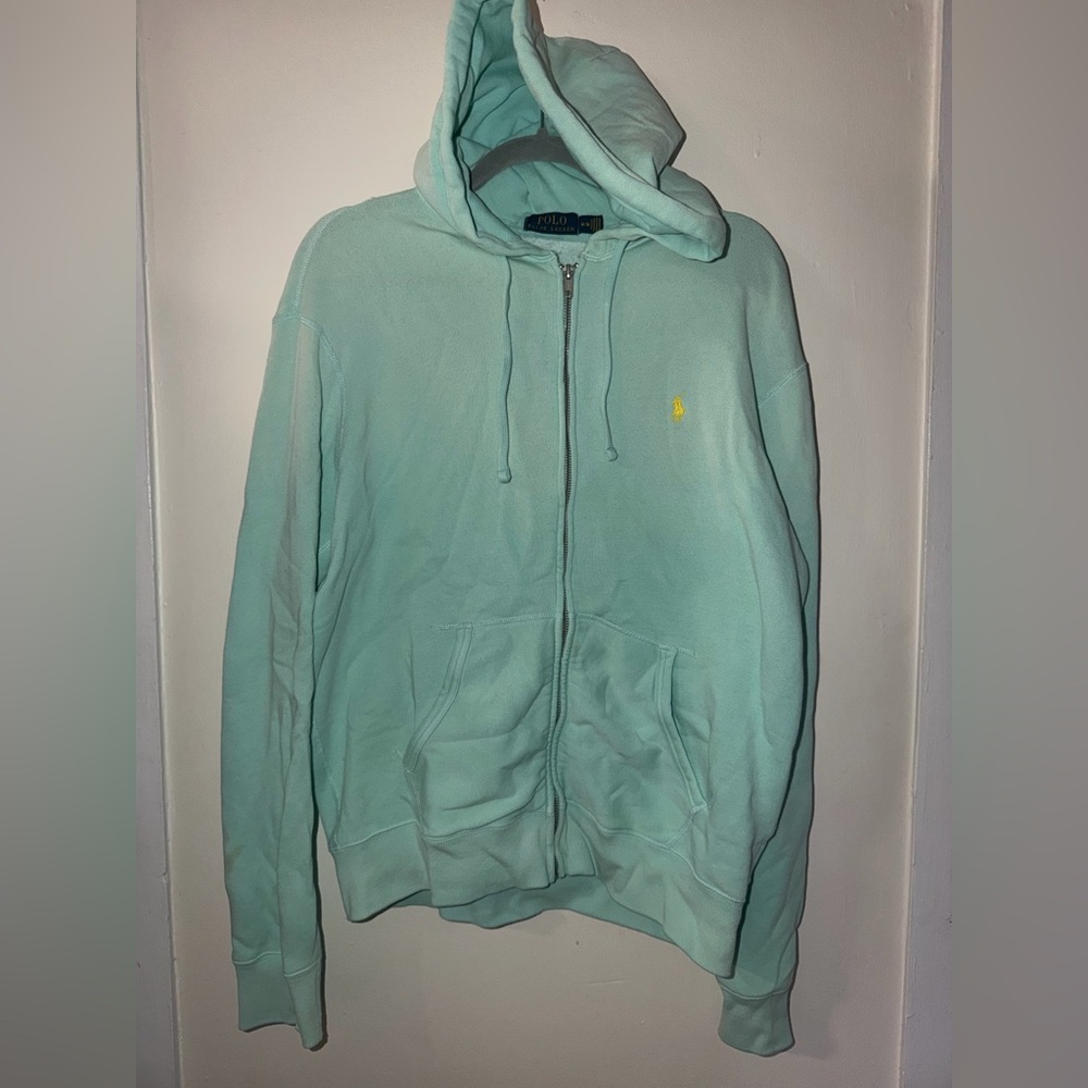 Ralph Lauren Mint Green Zip-Up Hoodie with Silver Zipper and Yellow RL Logo